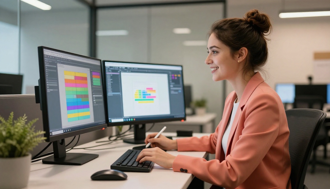 Woman at standing desk using AI video dual monitor workflow Woman at standing desk using AI video dual monitor workflow