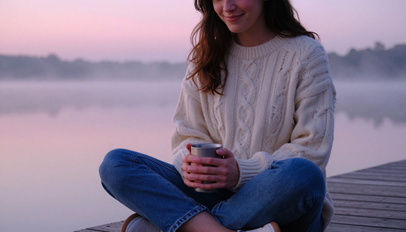 Woman sitting cross-legged on a wooden pier at dawn, peaceful and content Woman sitting cross-legged on a wooden pier at dawn, peaceful and content