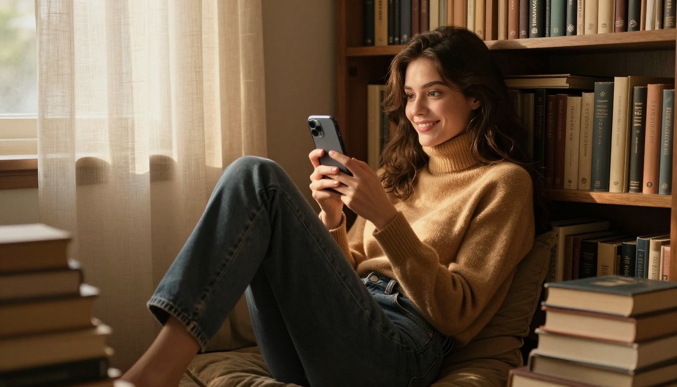 Woman in a cozy reading nook with an amused, playful smile looking at her phone Woman in a cozy reading nook with an amused, playful smile looking at her phone