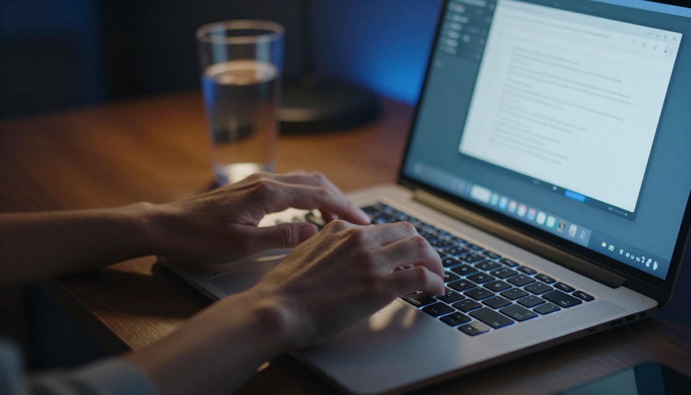 Hands typing on a backlit laptop keyboard with a text-to-video AI interface on screen