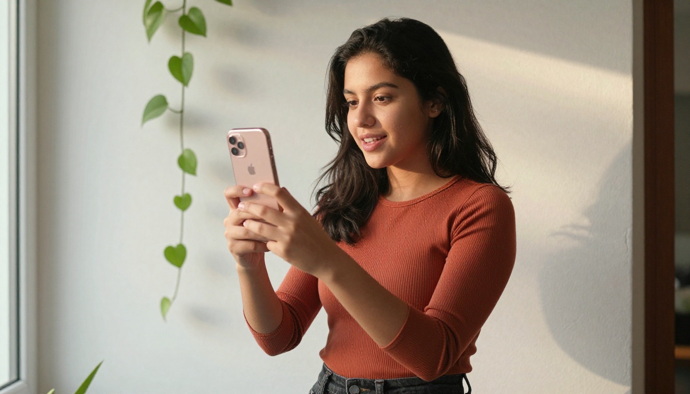 Woman watching Instagram Reels on her phone with a genuine smile, terracotta top, white wall background