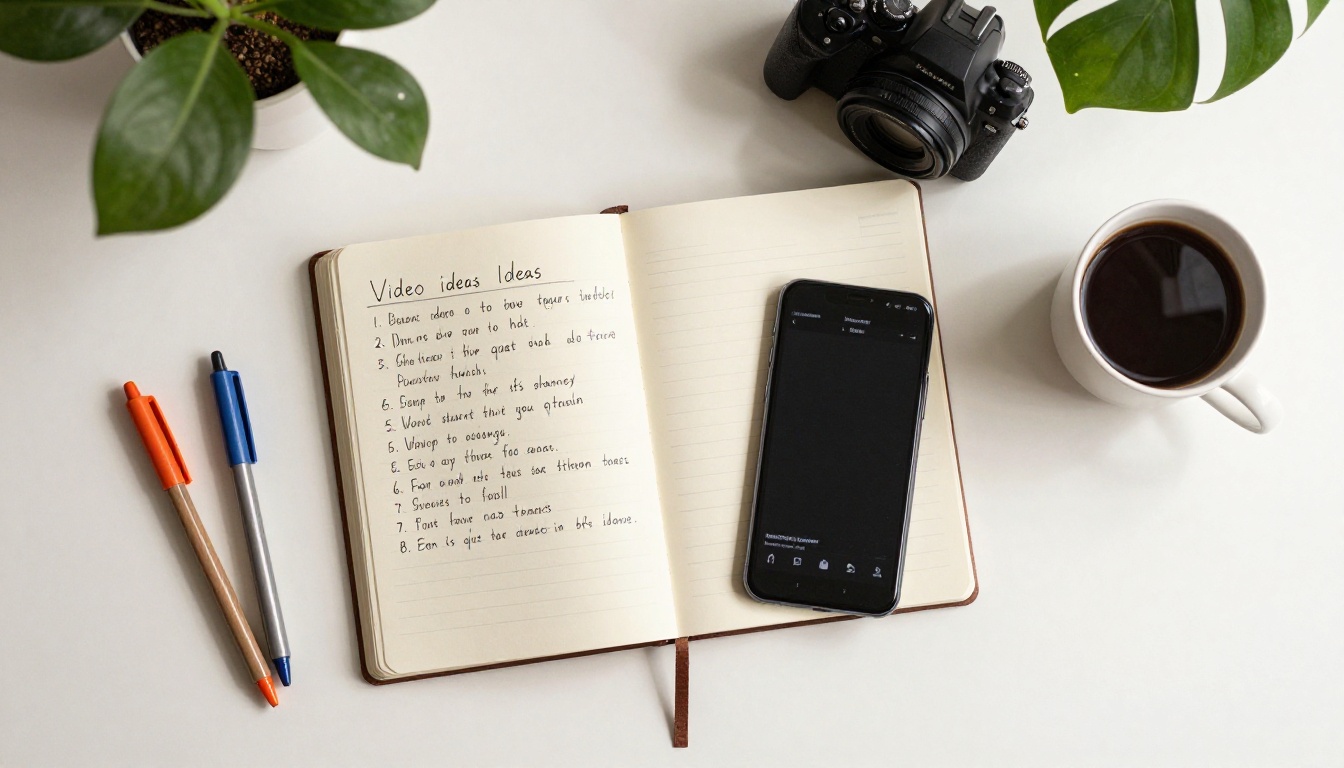 Content creator planning Instagram Reels with notebook, phone, and coffee on a flat-lay desk