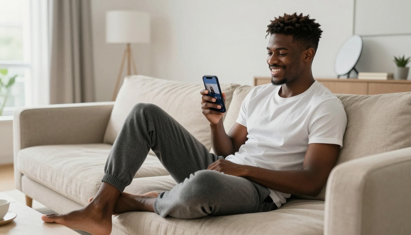 Young Black content creator relaxing on a sofa, smiling at his phone showing a completed AI-generated video
