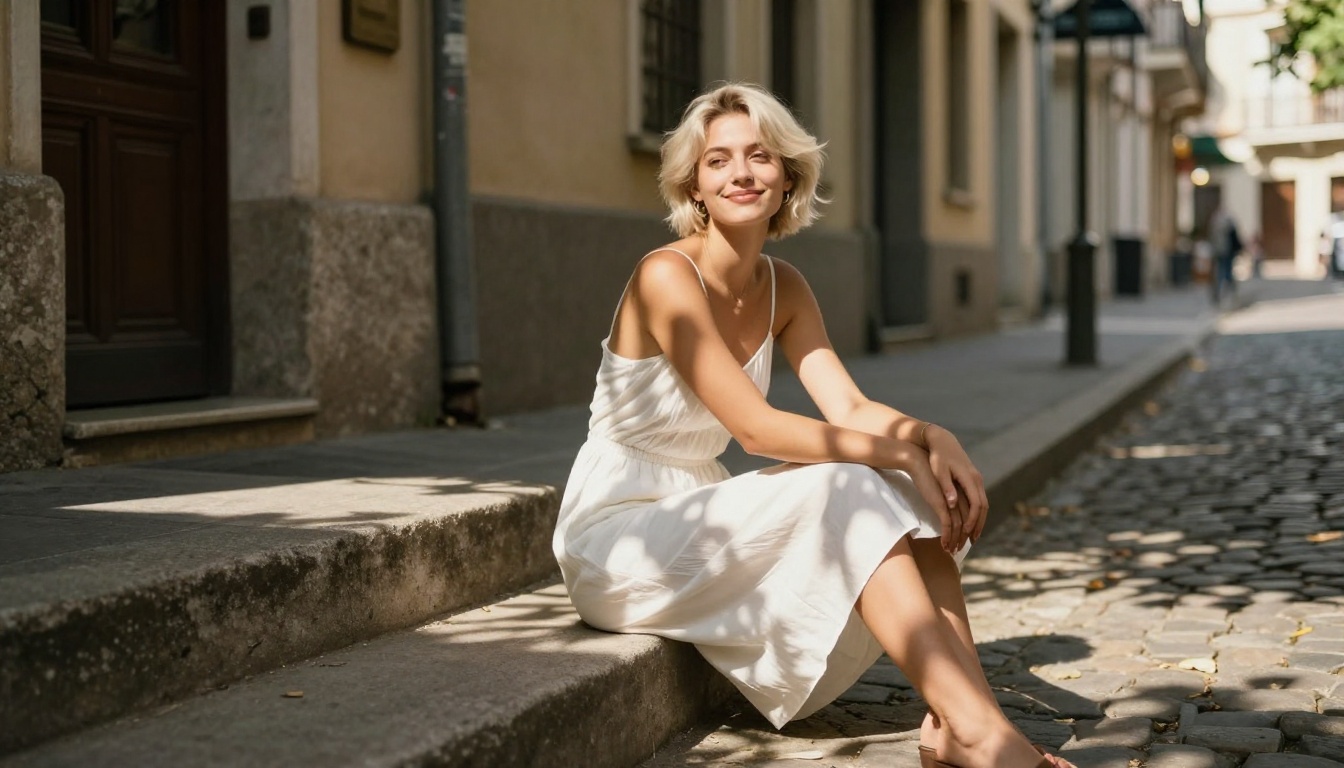 Woman in sundress European urban street
