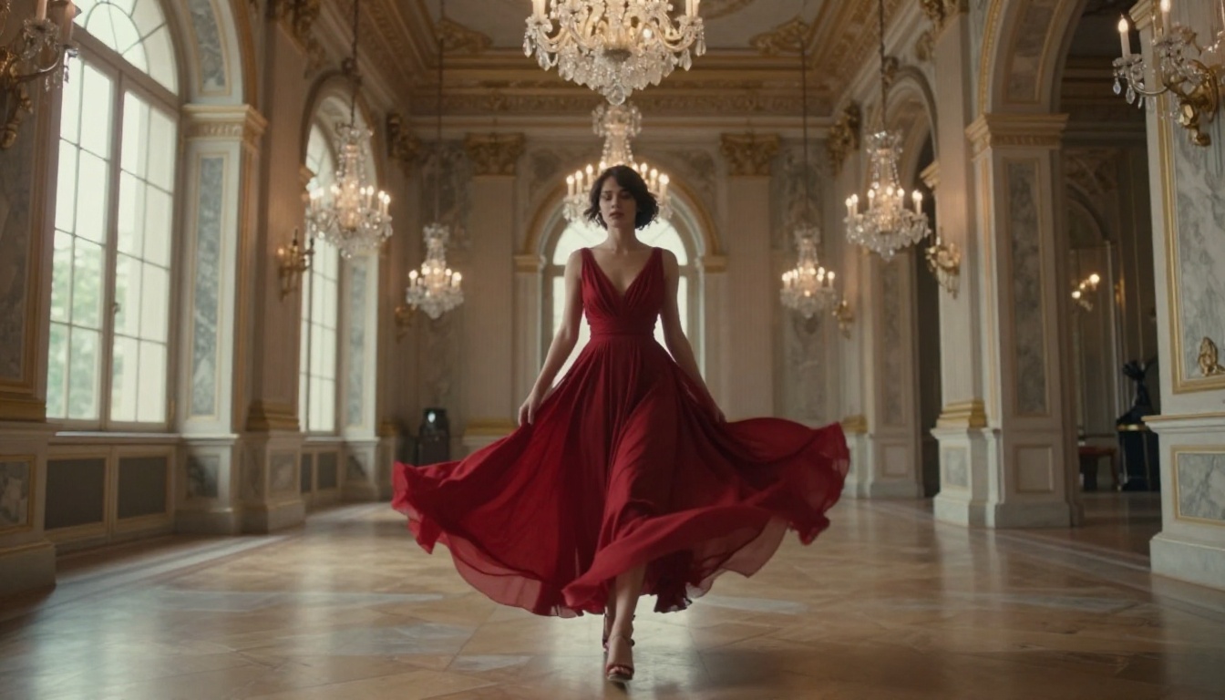 Woman in scarlet dress walking through ballroom