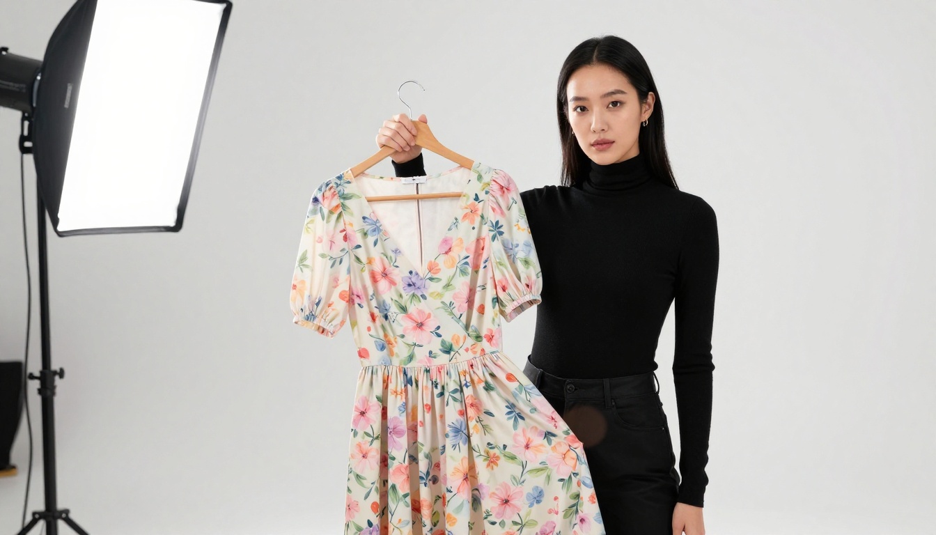 Fashion content creator holding a pastel floral dress in a clean white photography studio
