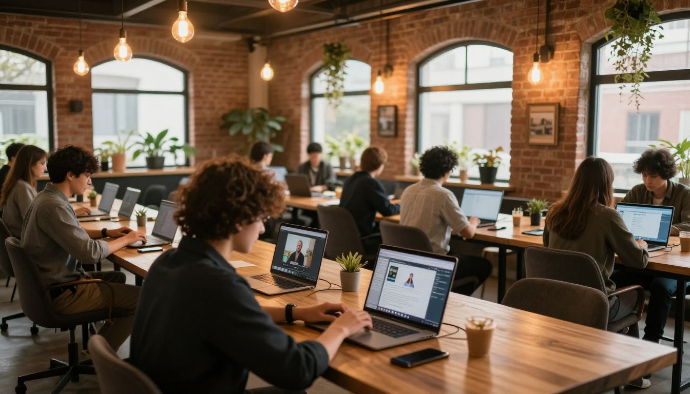 Wide shot of a warm co-working space with multiple creators working on laptops at communal tables