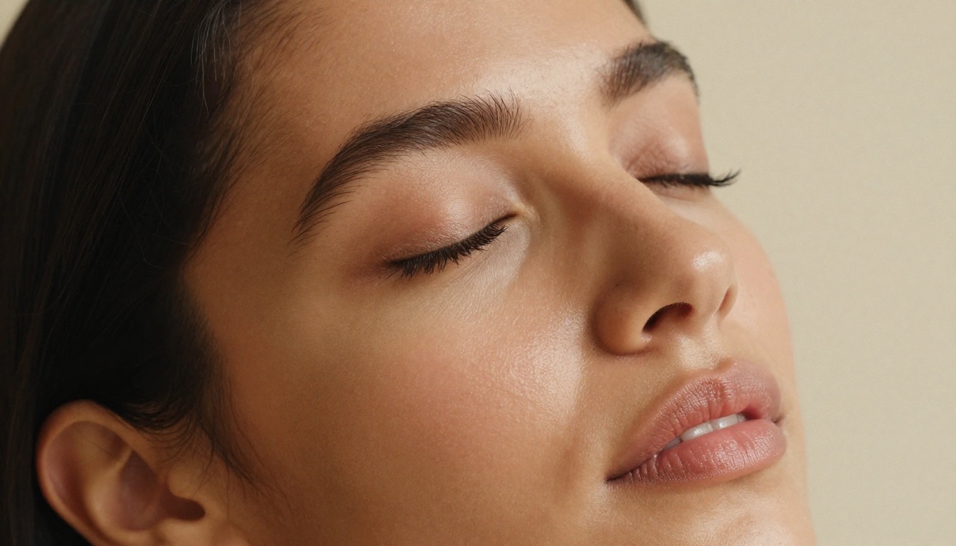 Close-up beauty portrait of a woman with warm bronze skin and closed eyes, soft natural window light