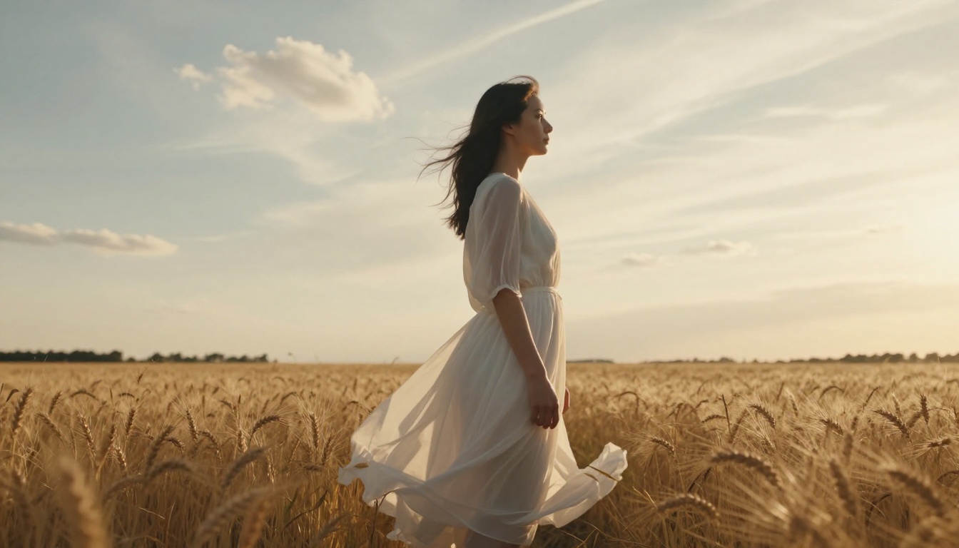 Woman in flowing dress at golden hour Woman in flowing dress at golden hour