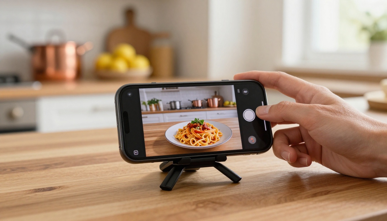 Phone on tripod showing an AI-generated food video on screen, warm kitchen background with copper pots
