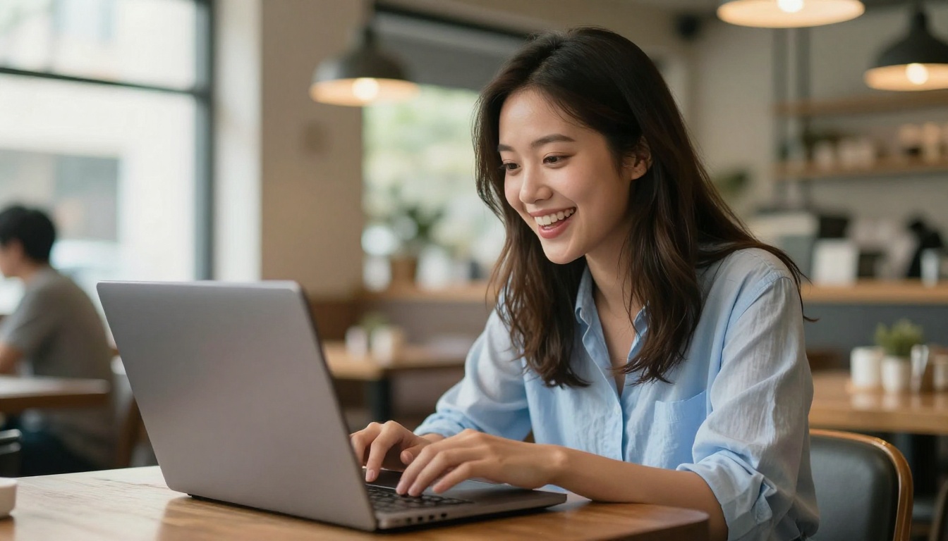 Woman at café happily watching AI-generated video