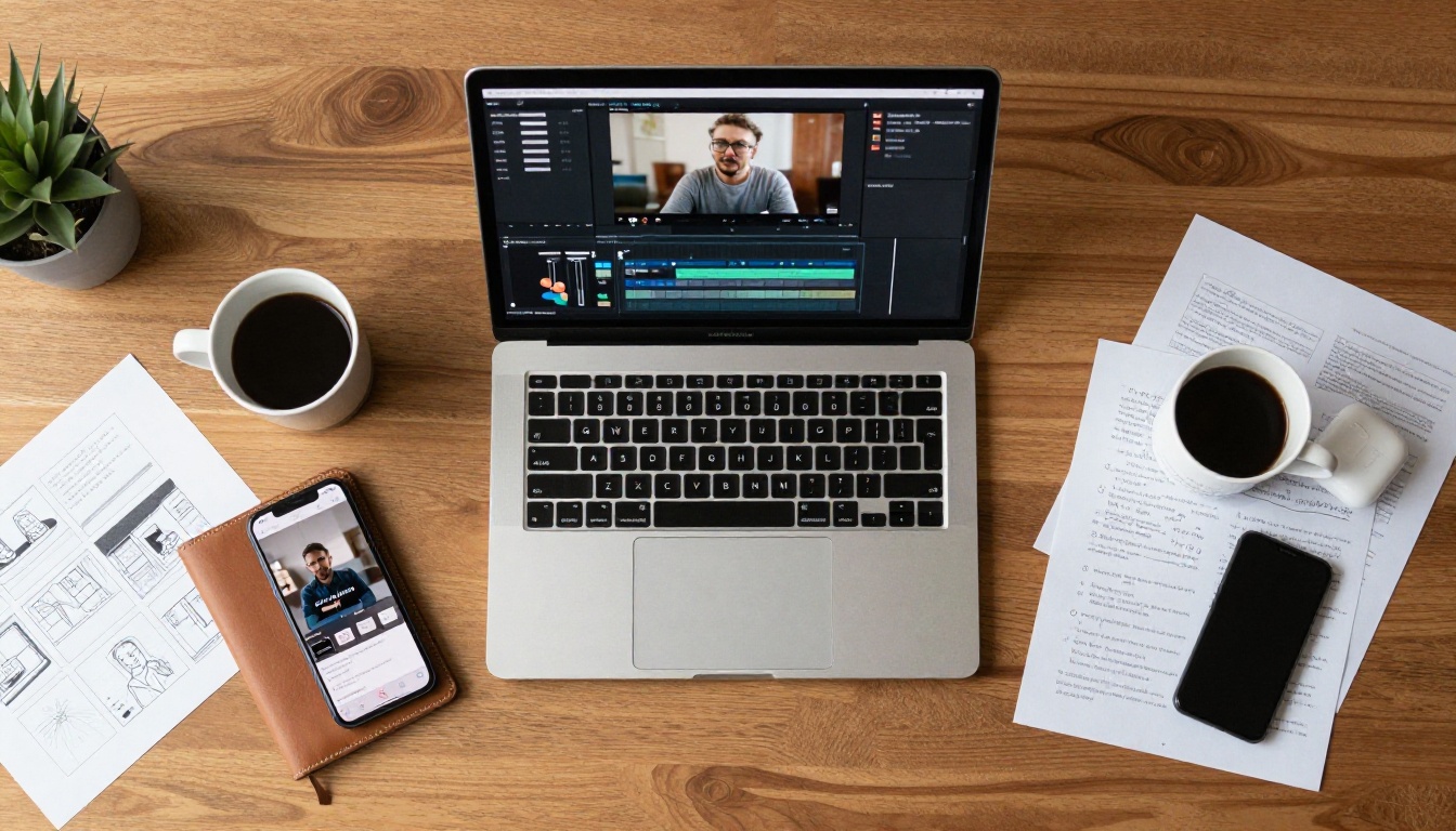 Aerial view of creative workspace desk setup