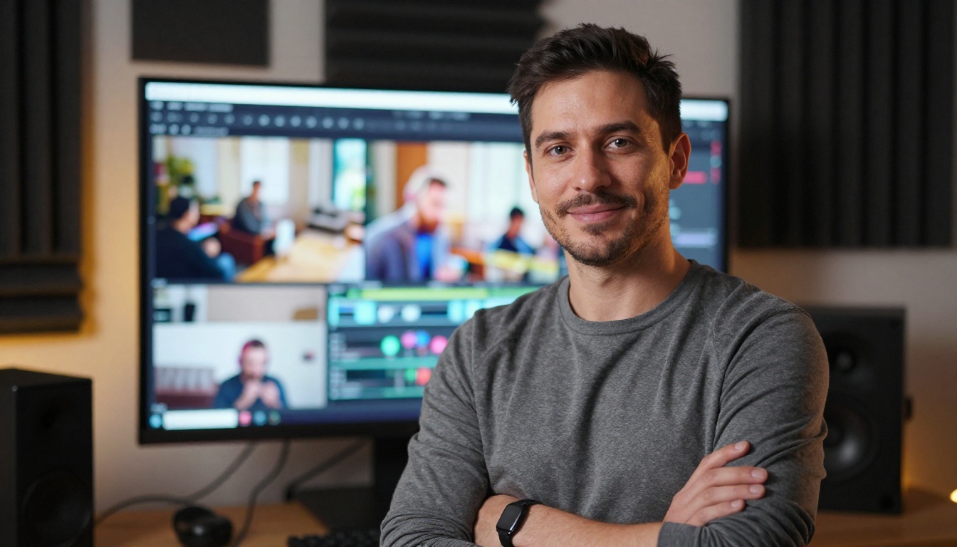 Male content creator in front of large monitor
