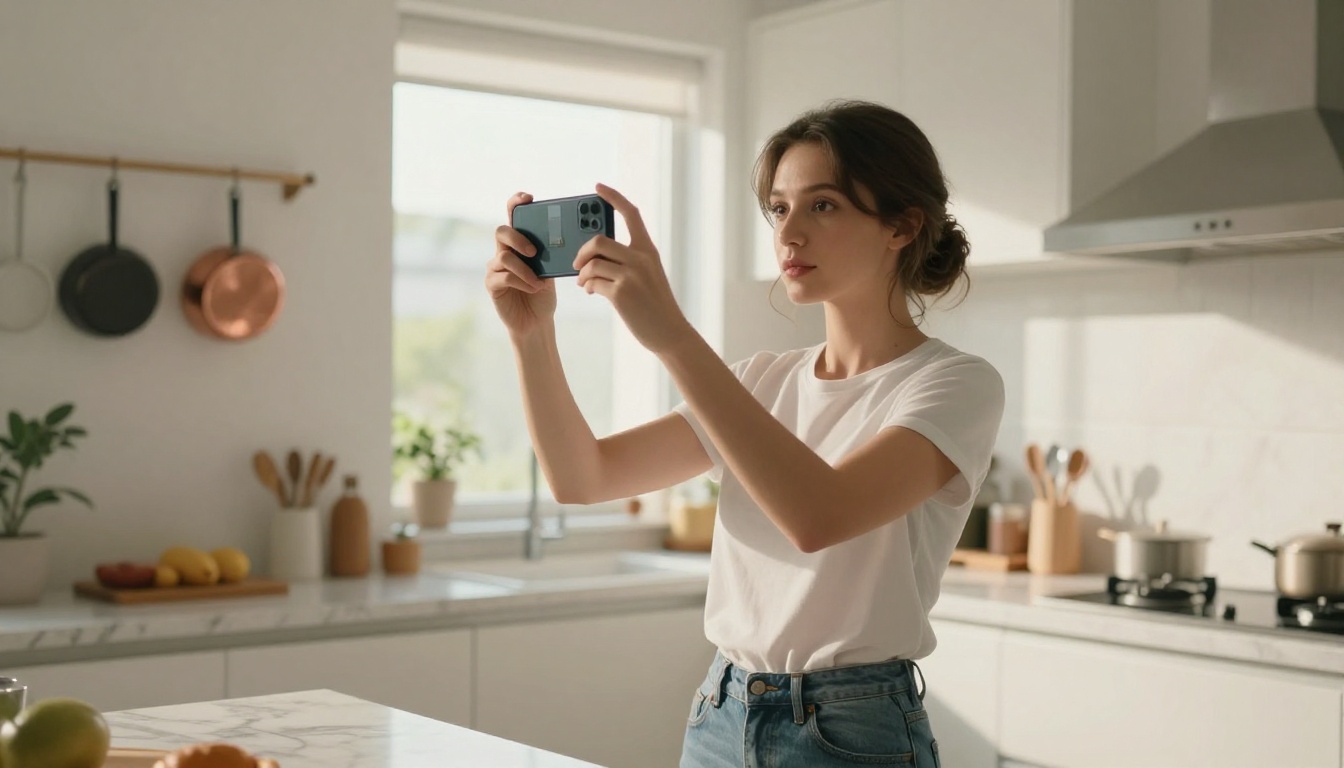 Young woman filming short video with smartphone