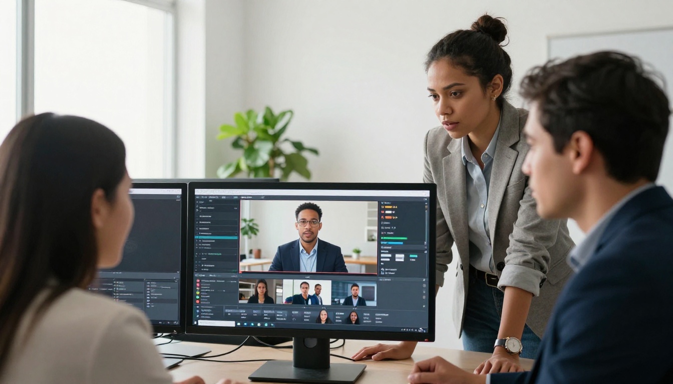 Team of professionals reviewing video on large monitor