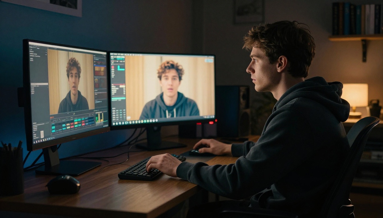 Creator focused at triple monitor setup late at night
