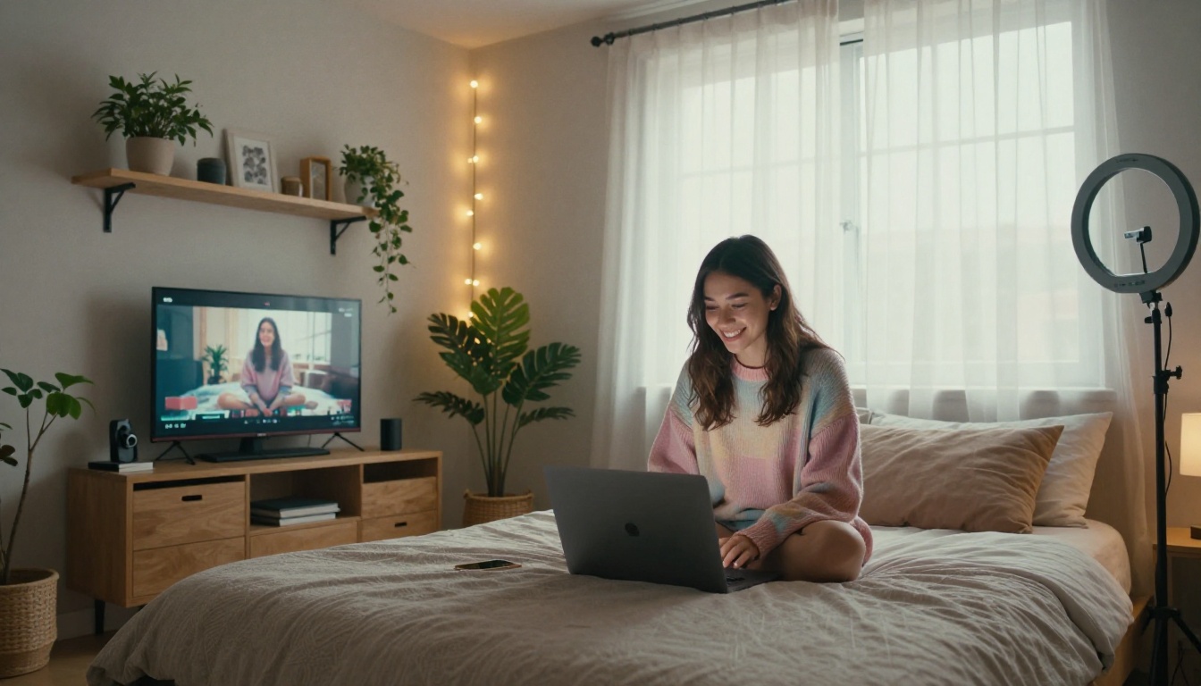 Young woman on bed with laptop smiling at completed video