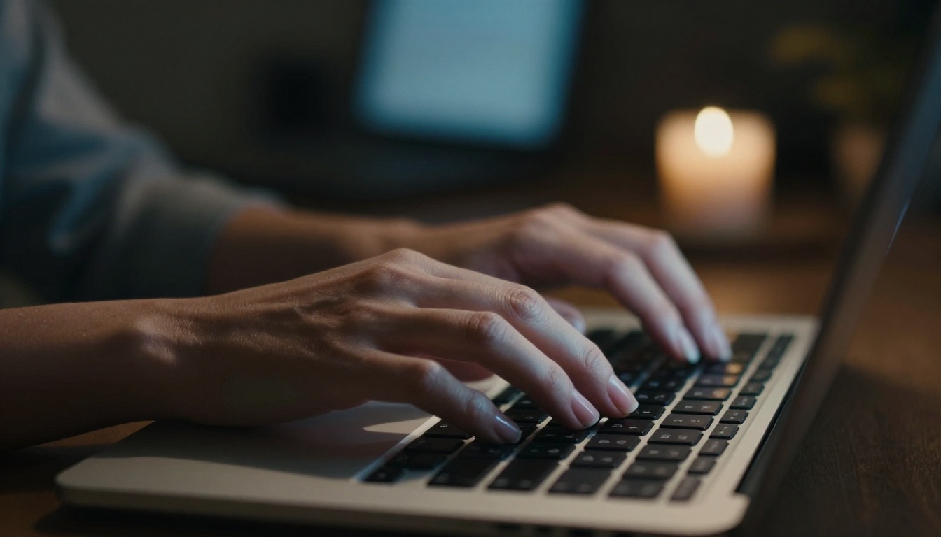 Hands typing on laptop keyboard in intimate lighting