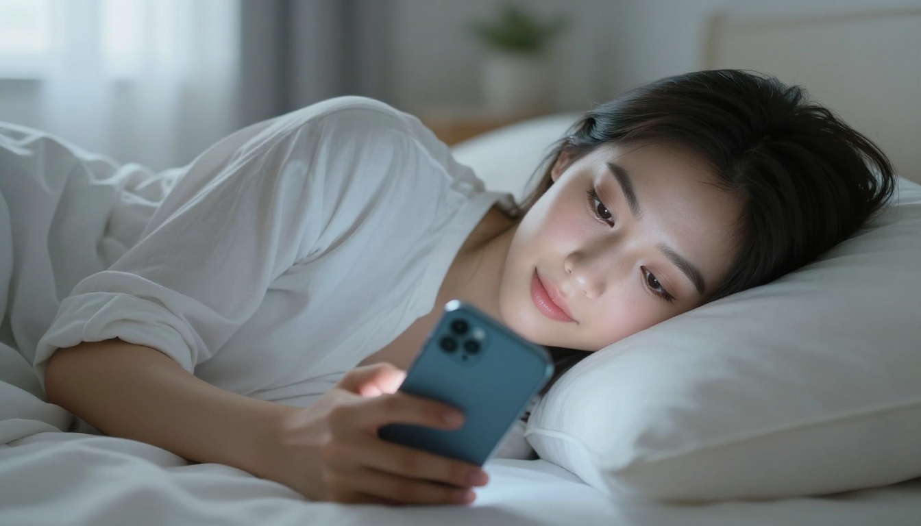 Woman lying in bed looking at smartphone with soft morning light