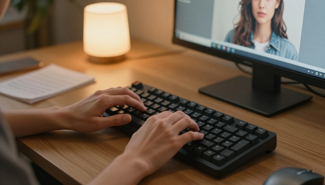 Close-up of hands typing a text prompt as an AI image appears on screen Close-up of hands typing a text prompt as an AI image appears on screen