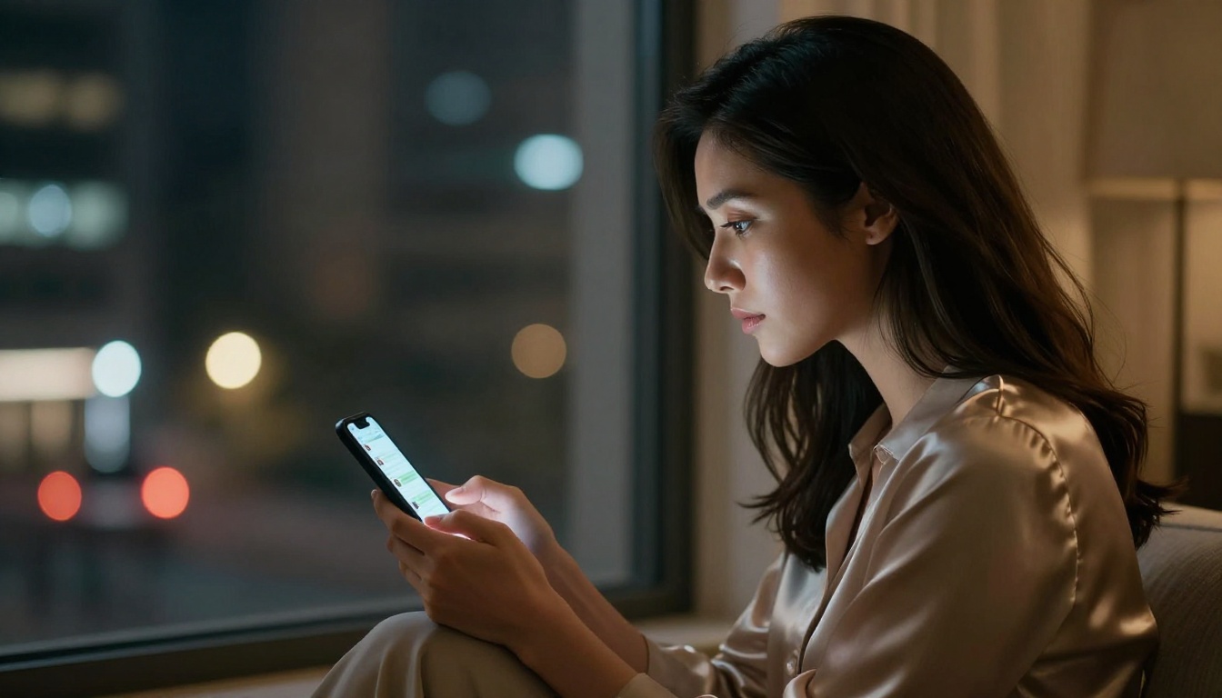 Woman by window at night holding phone with city bokeh