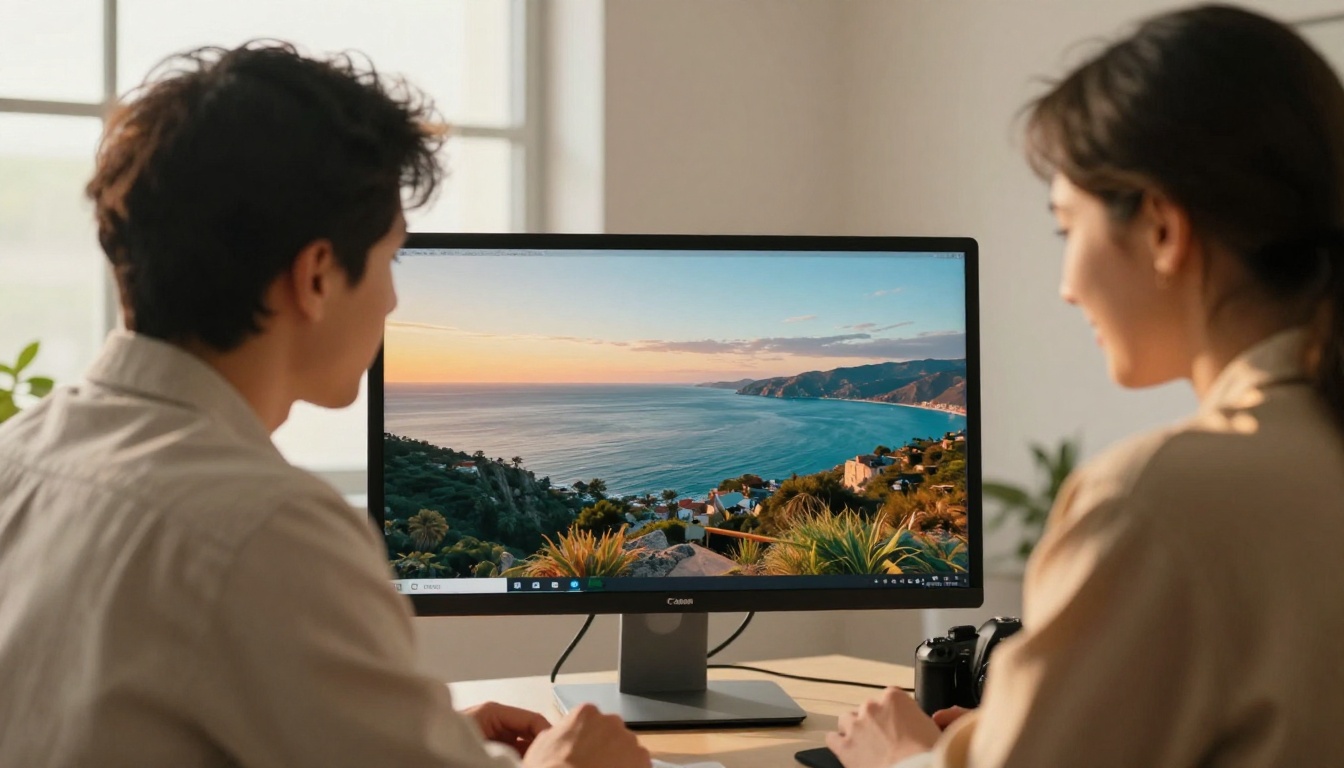 Two creative professionals studying an AI-generated image on a large monitor Two creative professionals studying an AI-generated image on a large monitor