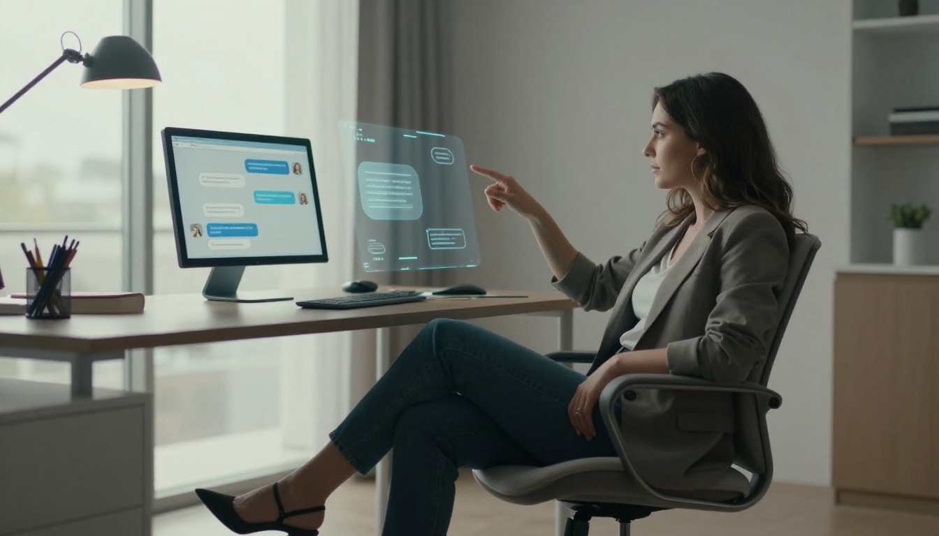 Woman in modern home office with tablet and natural window light