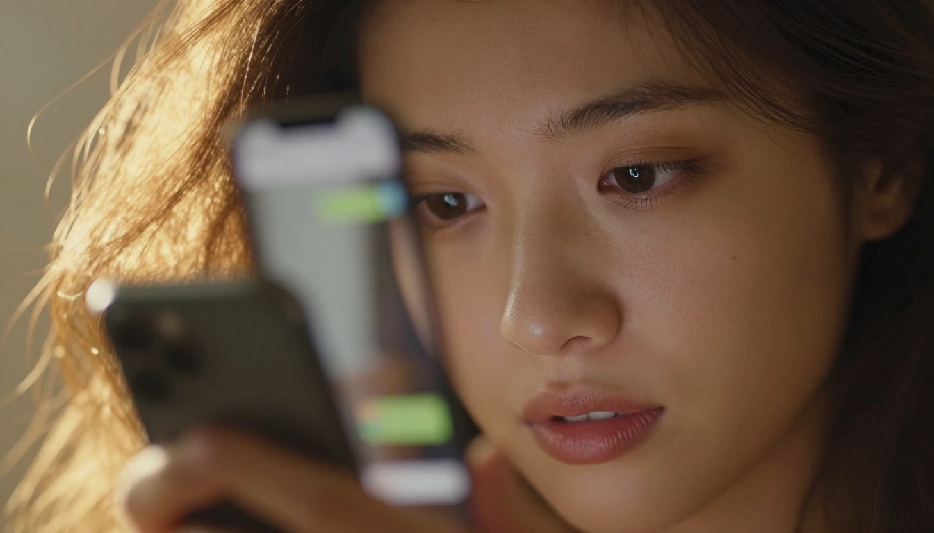 Woman's face reflected in smartphone screen with golden hour backlight