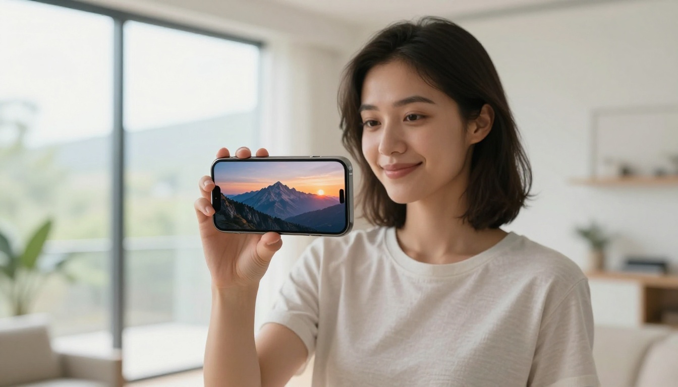 Woman holding smartphone displaying a stunning AI-generated mountain sunset Woman holding smartphone displaying a stunning AI-generated mountain sunset