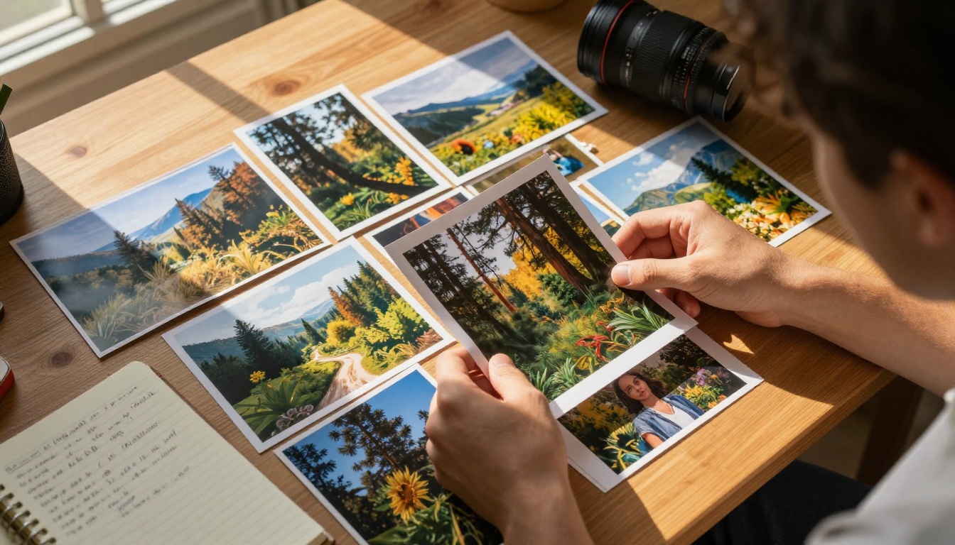 Printed AI-generated photos spread across a wooden work table for review Printed AI-generated photos spread across a wooden work table for review