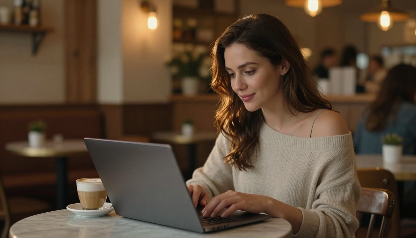 Woman in cafe with laptop and cappuccino in warm Edison bulb lighting