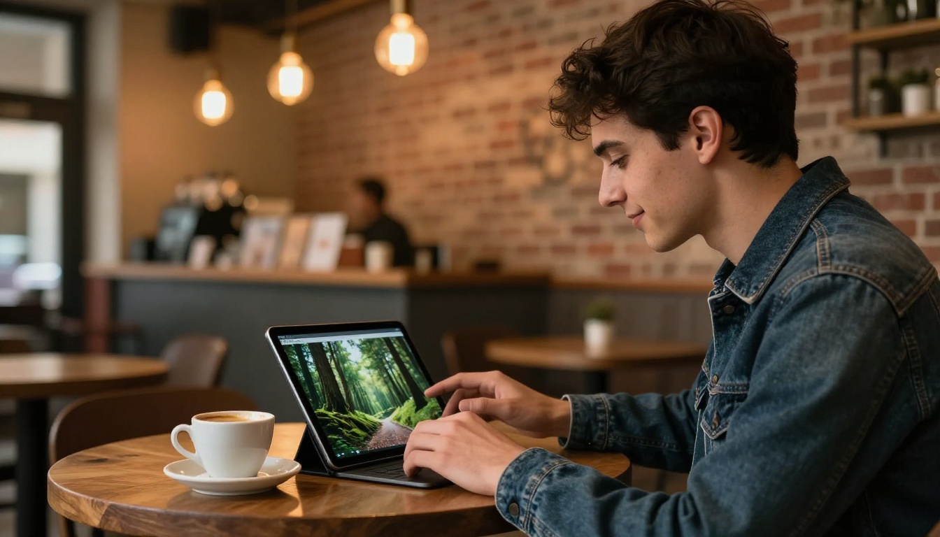 Young man in a cozy coffee shop using a tablet to generate AI images Young man in a cozy coffee shop using a tablet to generate AI images
