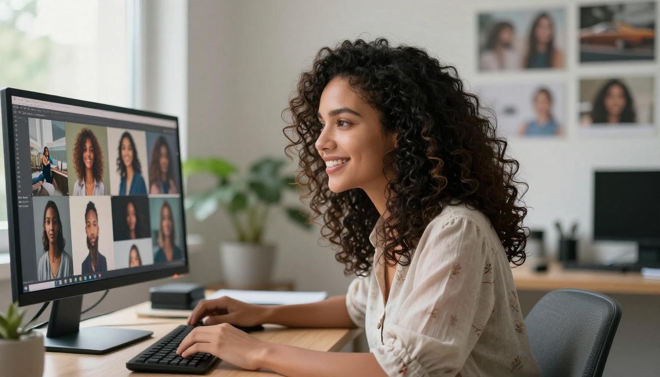 Woman with natural curly hair smiling while reviewing AI-generated images on desktop Woman with natural curly hair smiling while reviewing AI-generated images on desktop