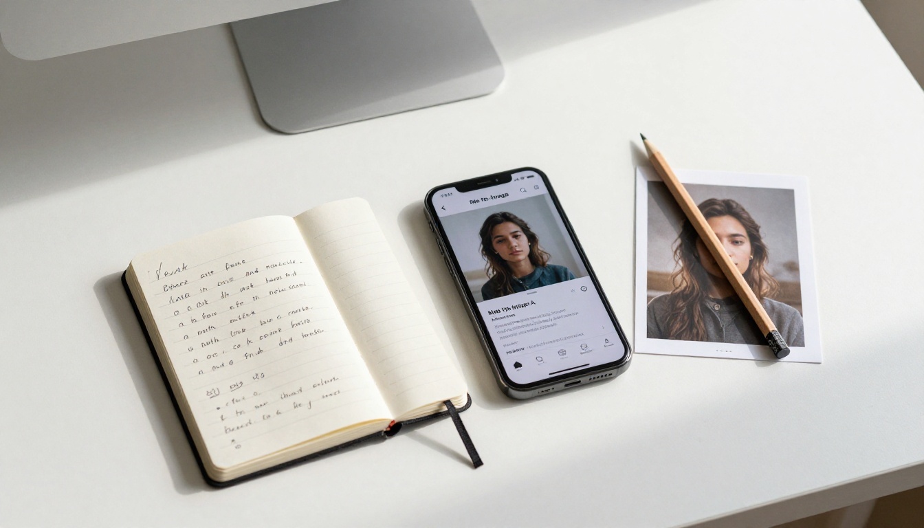 Flat lay of a smartphone, notebook with prompt ideas, and a printed AI-generated photo Flat lay of a smartphone, notebook with prompt ideas, and a printed AI-generated photo