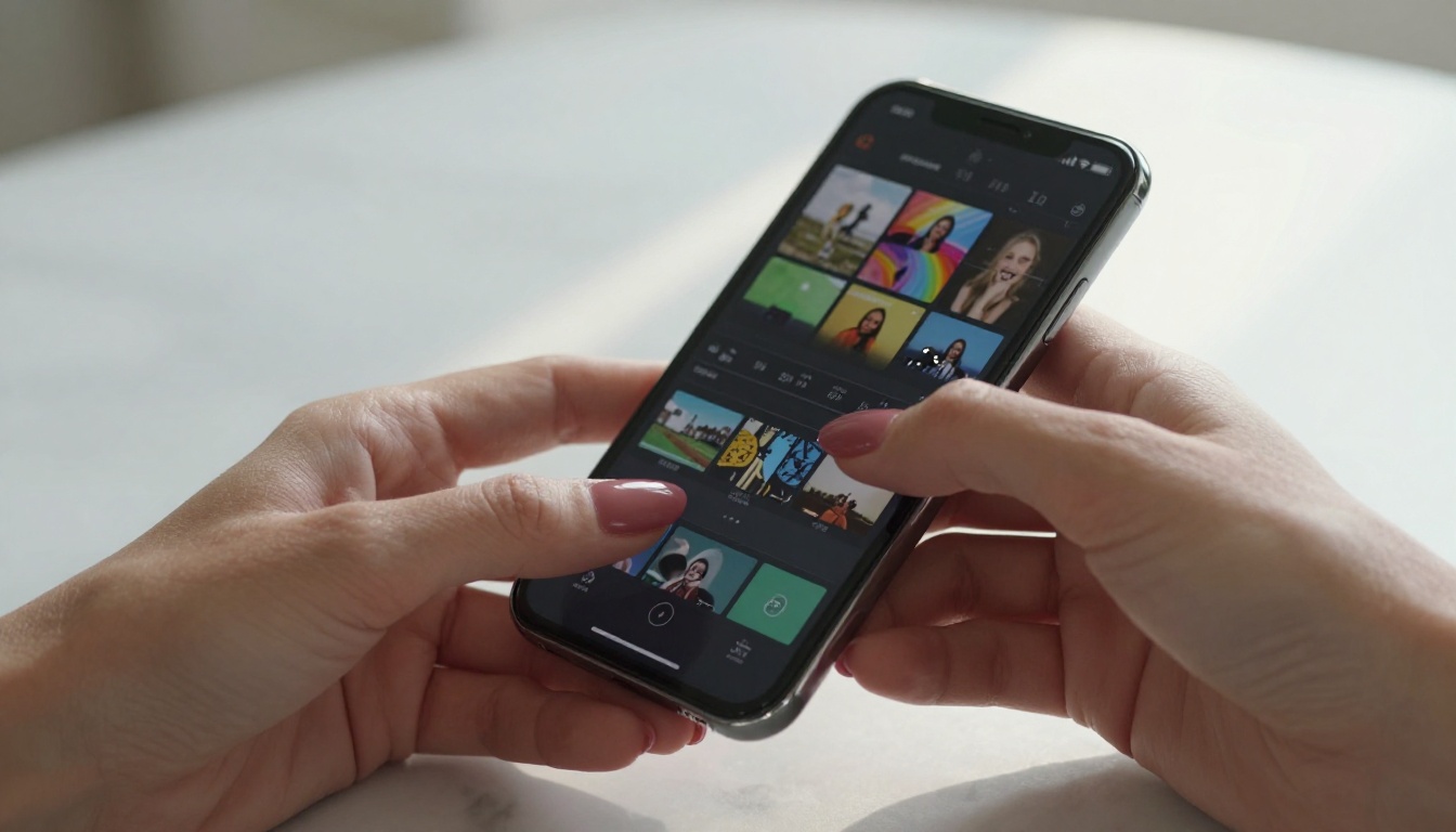 Hands holding a smartphone with video editing timeline interface Hands holding a smartphone with video editing timeline interface