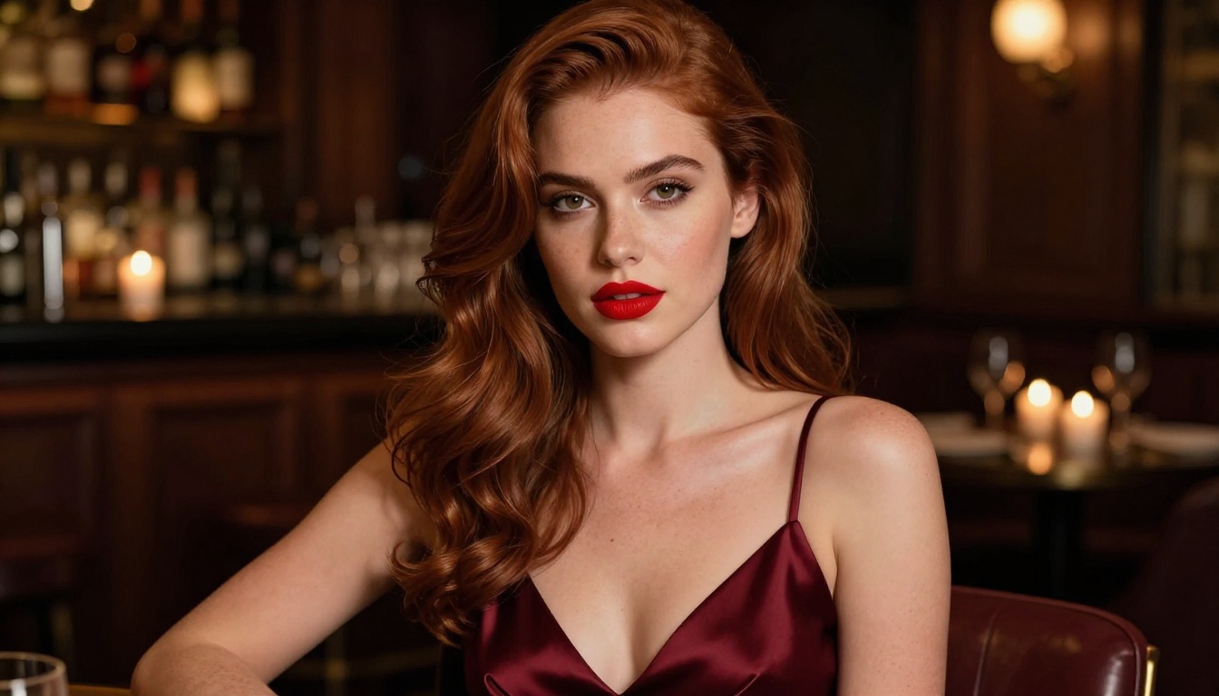 Confident woman in burgundy dress in a candlelit upscale lounge Confident woman in burgundy dress in a candlelit upscale lounge