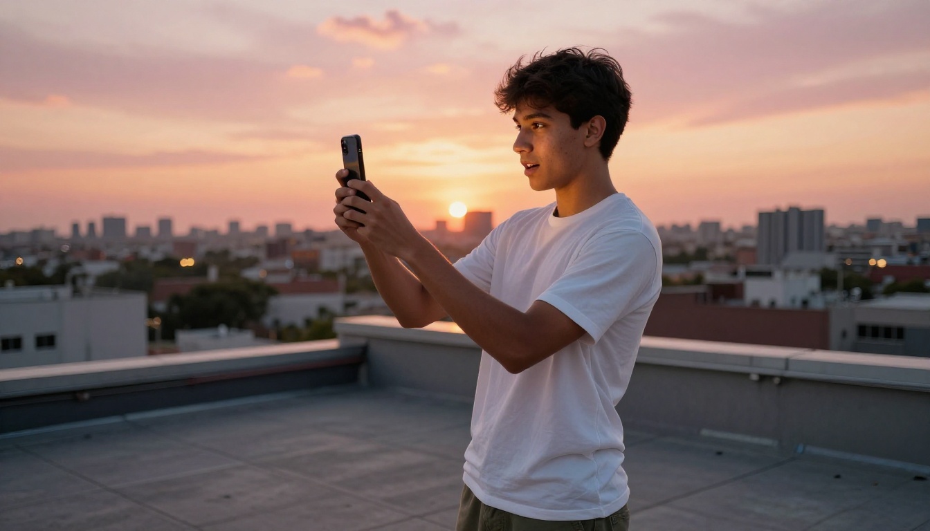 Man filming cityscape from rooftop at sunset with smartphone Man filming cityscape from rooftop at sunset with smartphone