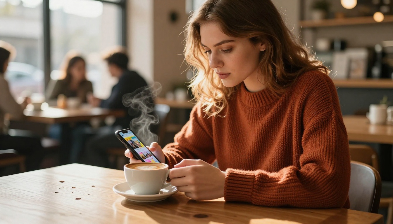 Stylish woman at cafe looking at smartphone with coffee and latte Stylish woman at cafe looking at smartphone with coffee and latte
