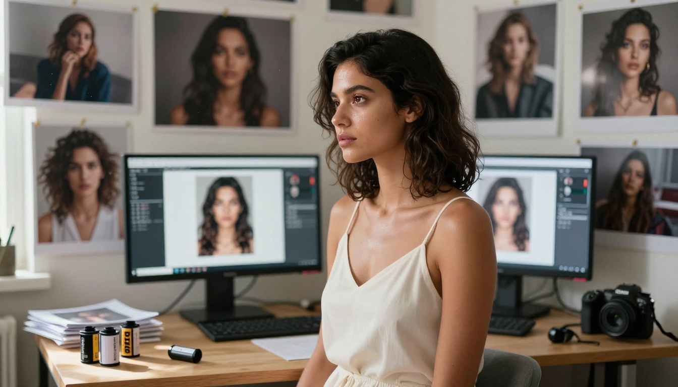 Woman analyzing AI-generated portrait thumbnails in a studio