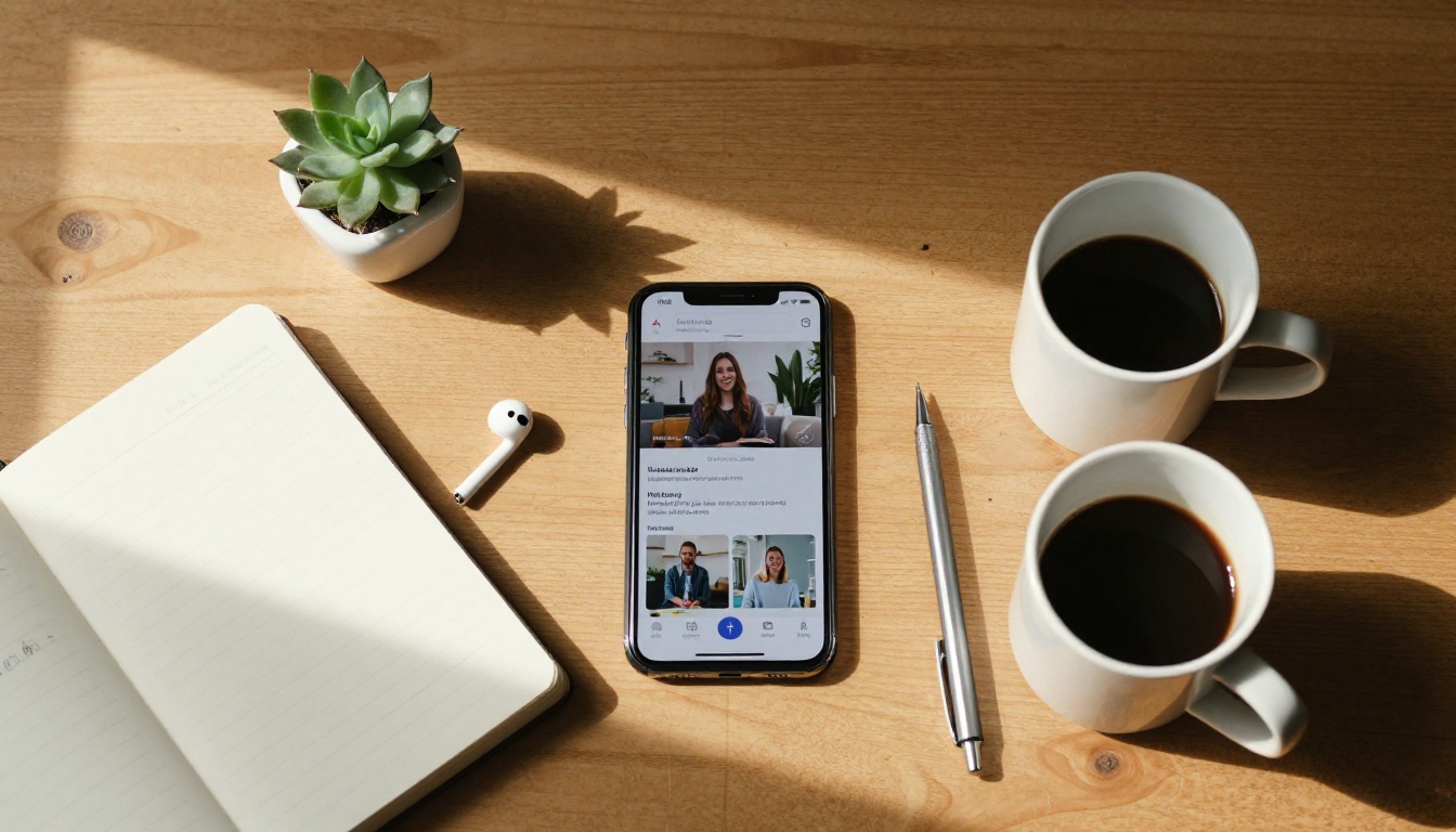 Overhead flat-lay of wooden desk with smartphone showing video app, notebook, and coffee Overhead flat-lay of wooden desk with smartphone showing video app, notebook, and coffee