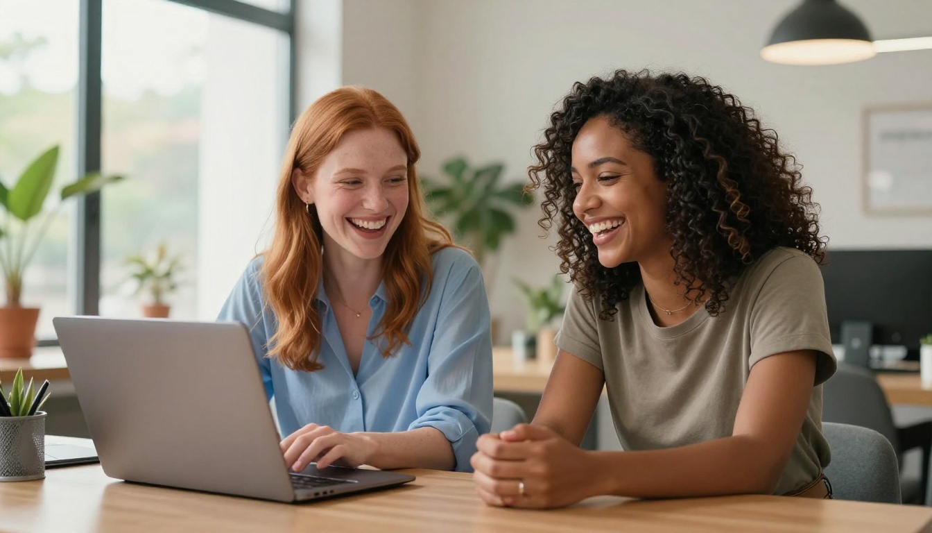 Two women laughing together at a laptop in a bright modern co-working space Two women laughing together at a laptop in a bright modern co-working space