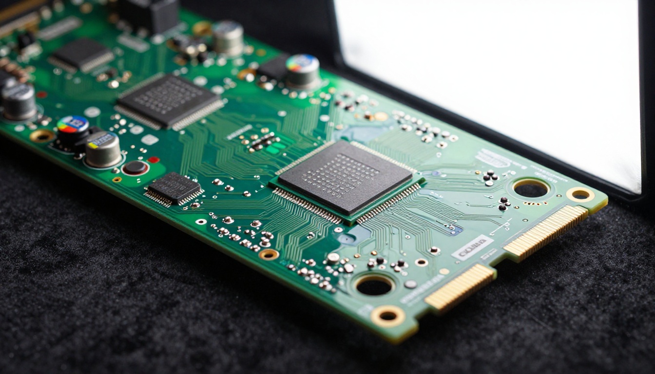 GPU circuit board with copper trace detail, macro photography