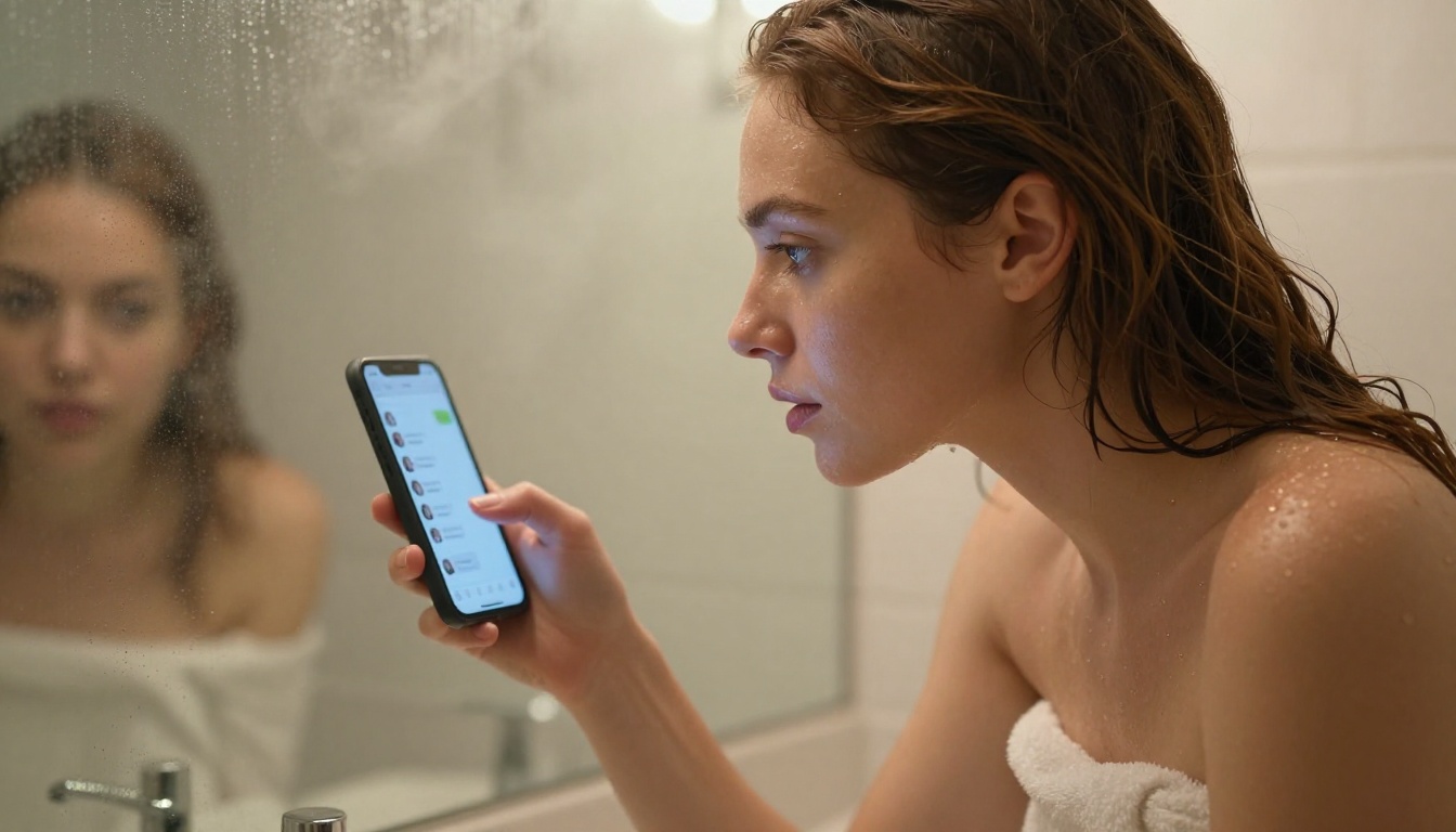 Woman in steam-filled bathroom leaning toward mirror with phone screen reflection