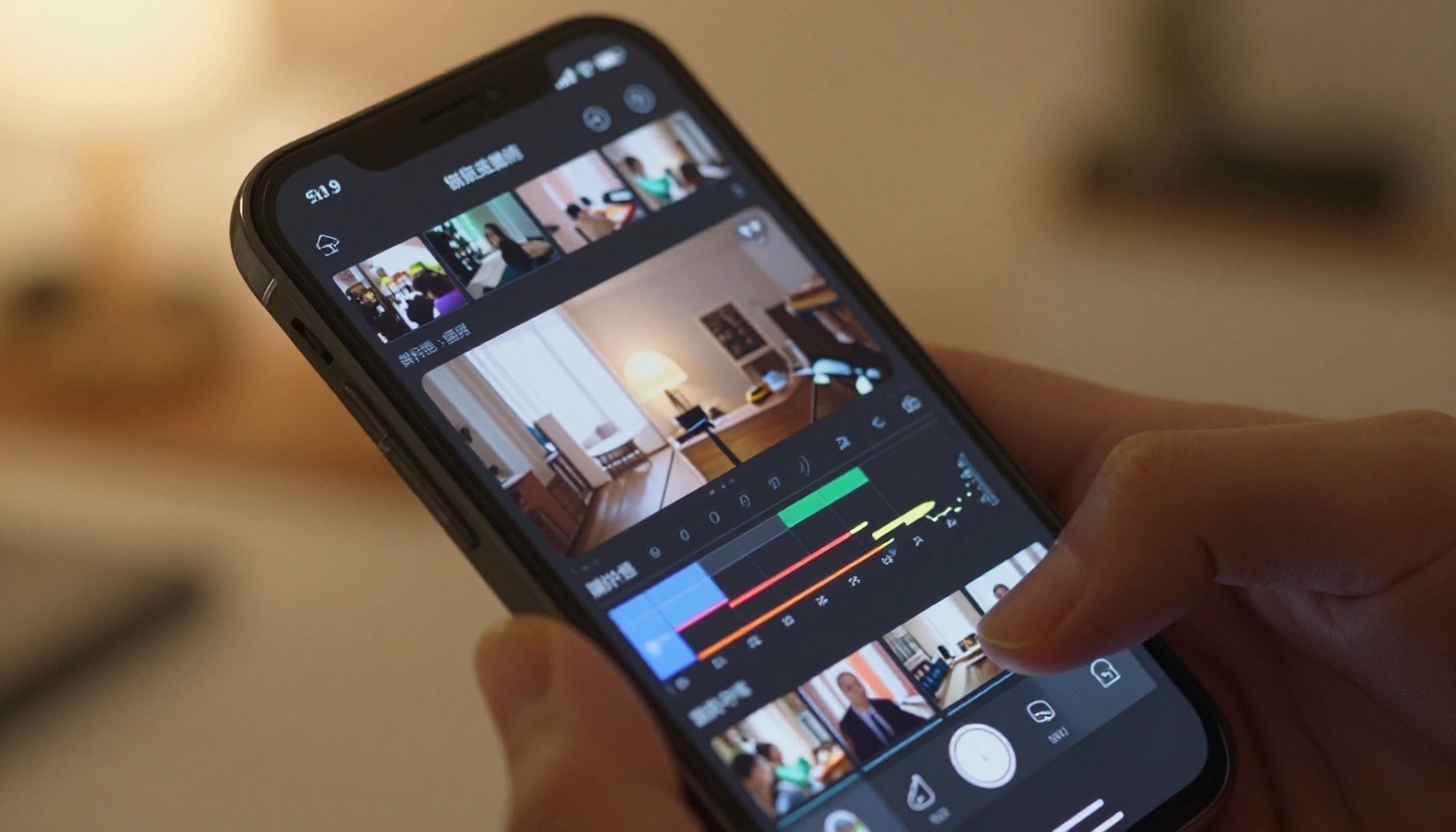 Close-up of smartphone screen showing video timeline editing interface Close-up of smartphone screen showing video timeline editing interface