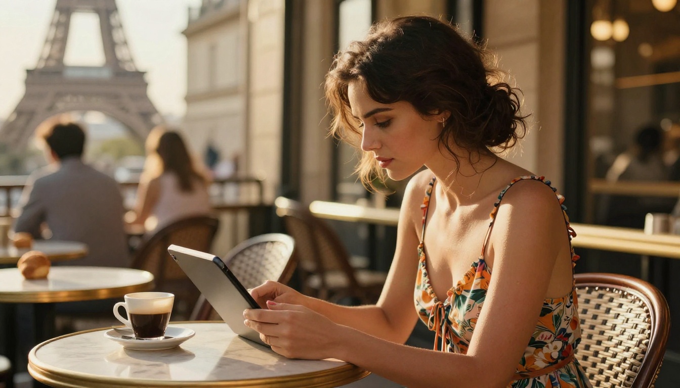 Woman at outdoor Paris cafe terrace reading tablet at golden hour