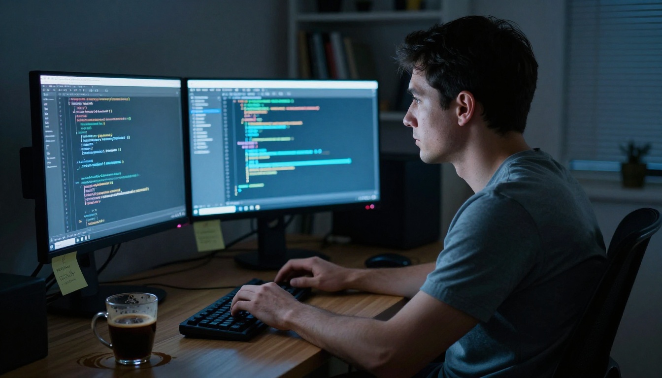 Developer writing AI training code at workstation late at night Developer writing AI training code at workstation late at night