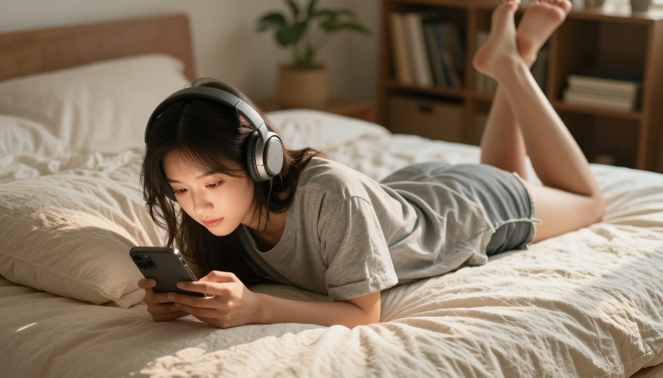 Young woman lying on bed with headphones watching video on phone in cozy bedroom Young woman lying on bed with headphones watching video on phone in cozy bedroom