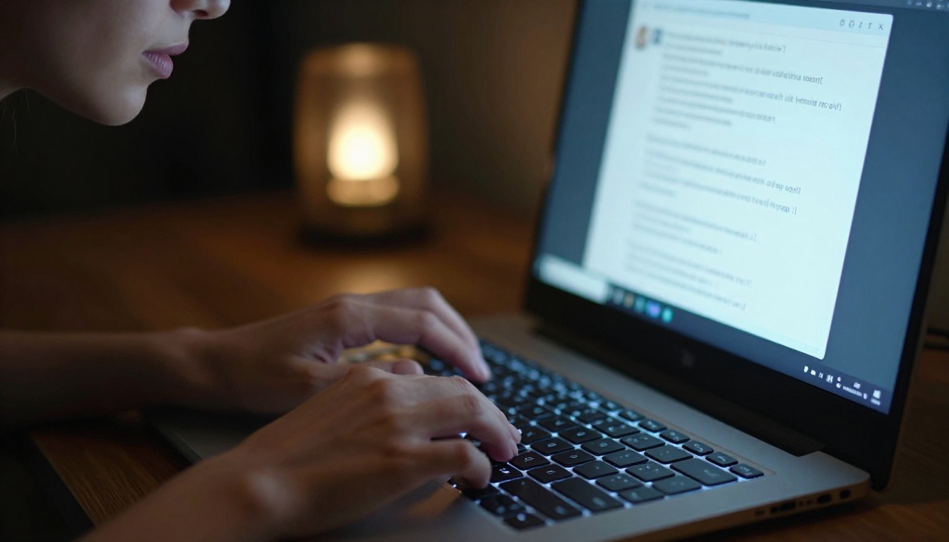 Woman's hands typing on a glowing keyboard with AI chat interface on screen