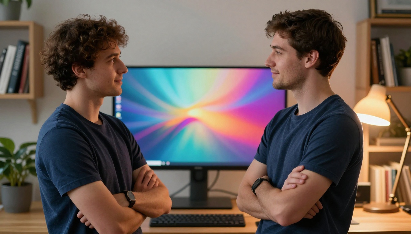Professional reviewing AI video output on monitor Professional reviewing AI video output on monitor