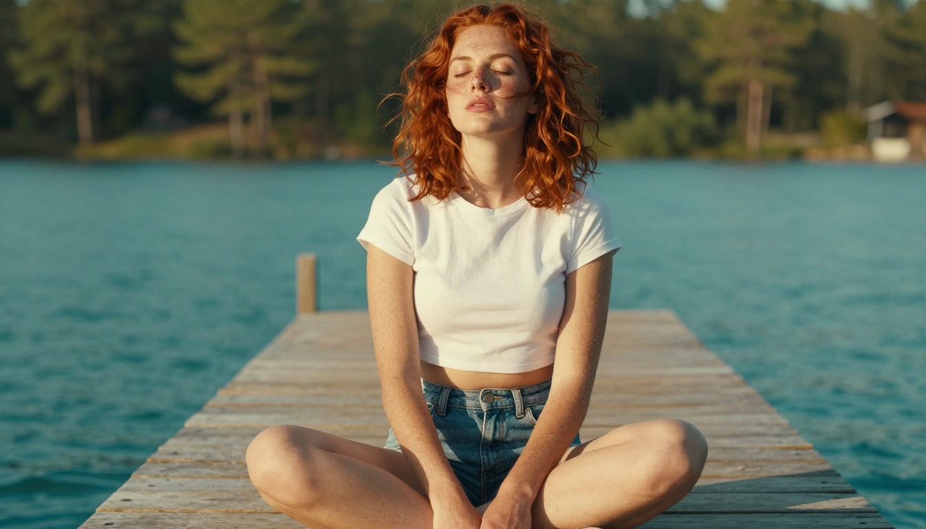 Woman with curly red hair on sun-drenched wooden pier, natural light Woman with curly red hair on sun-drenched wooden pier, natural light